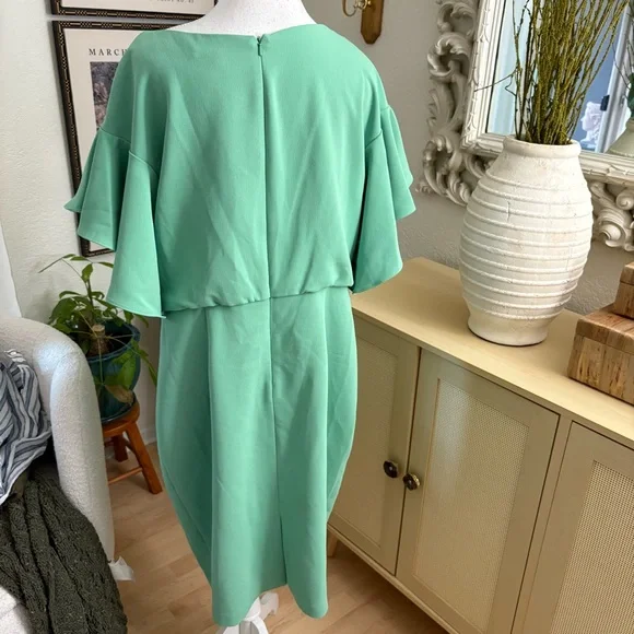 BADGLEY MISCHKA Green Blouson Sheath Dress Drapey Sleeves Cow Neck Size 16 NWOT‎ - Picture 7 of 12